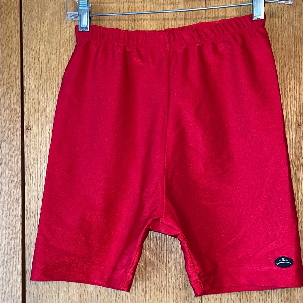 Vintage 1980s 90s Hanes Sport Red Shiny Shimmer Fitted Athletic Bike Shorts EUC
